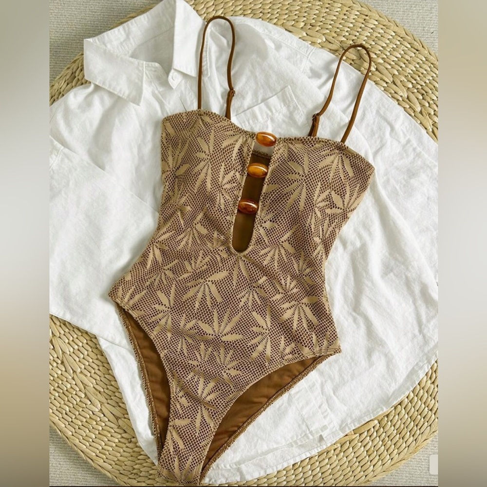 Brown Leaf Pattern Swimsuit